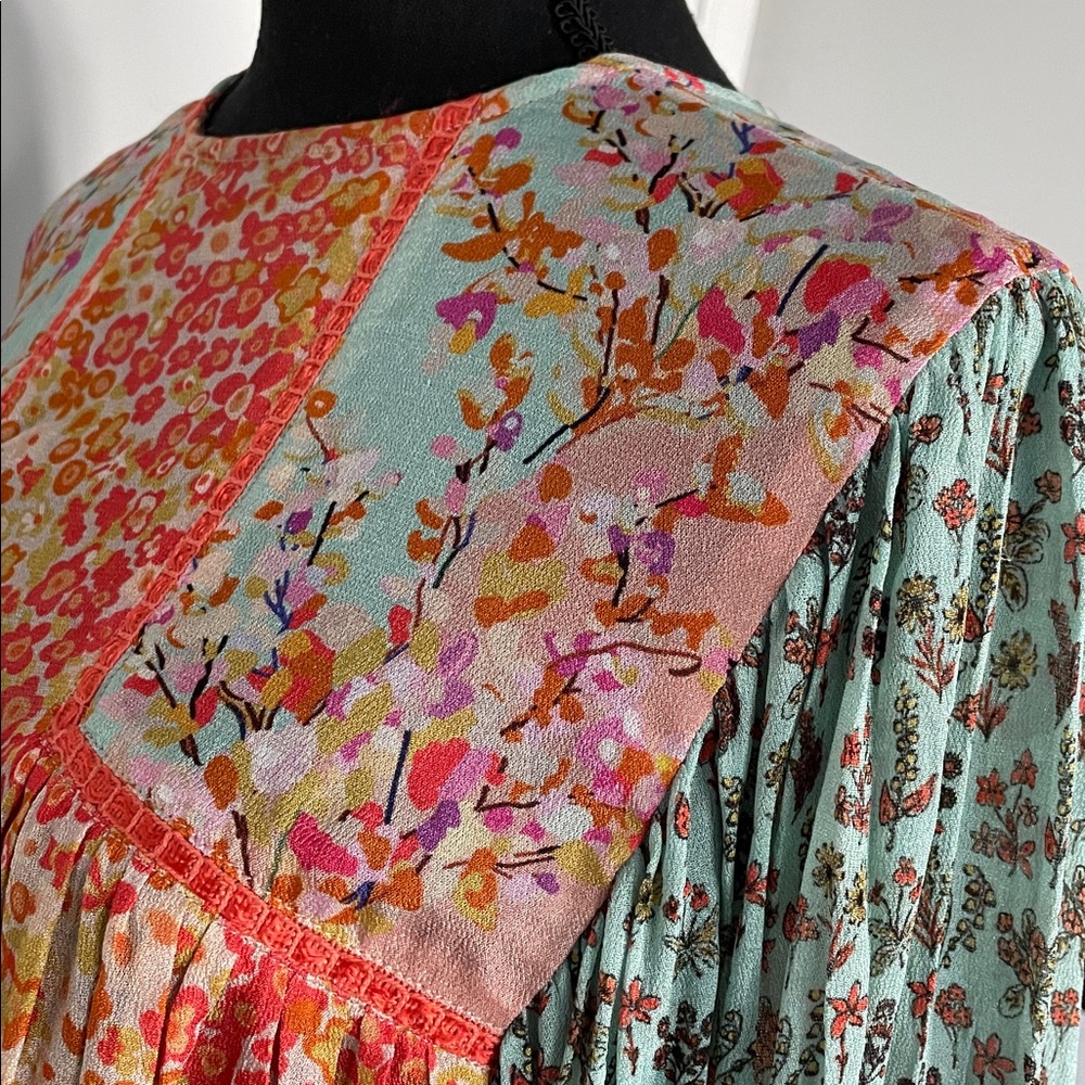 Bla-nk Miranda Peasant Blouse Floral Patchwork Size S Boho Babydoll Ruffled - Picture 2 of 12